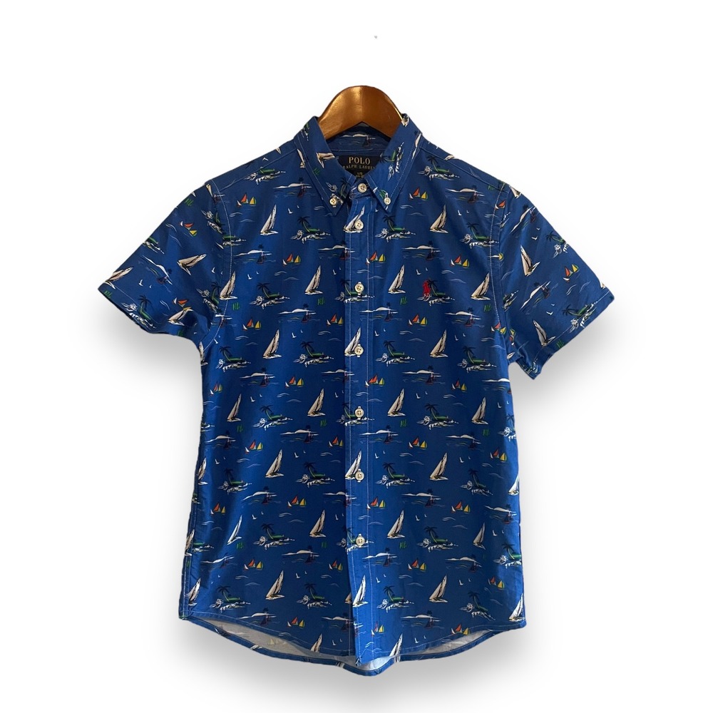 Polo Ralph Lauren Boys Sailboat Nautical Short Sleeve Button Down Shirt L 14-16